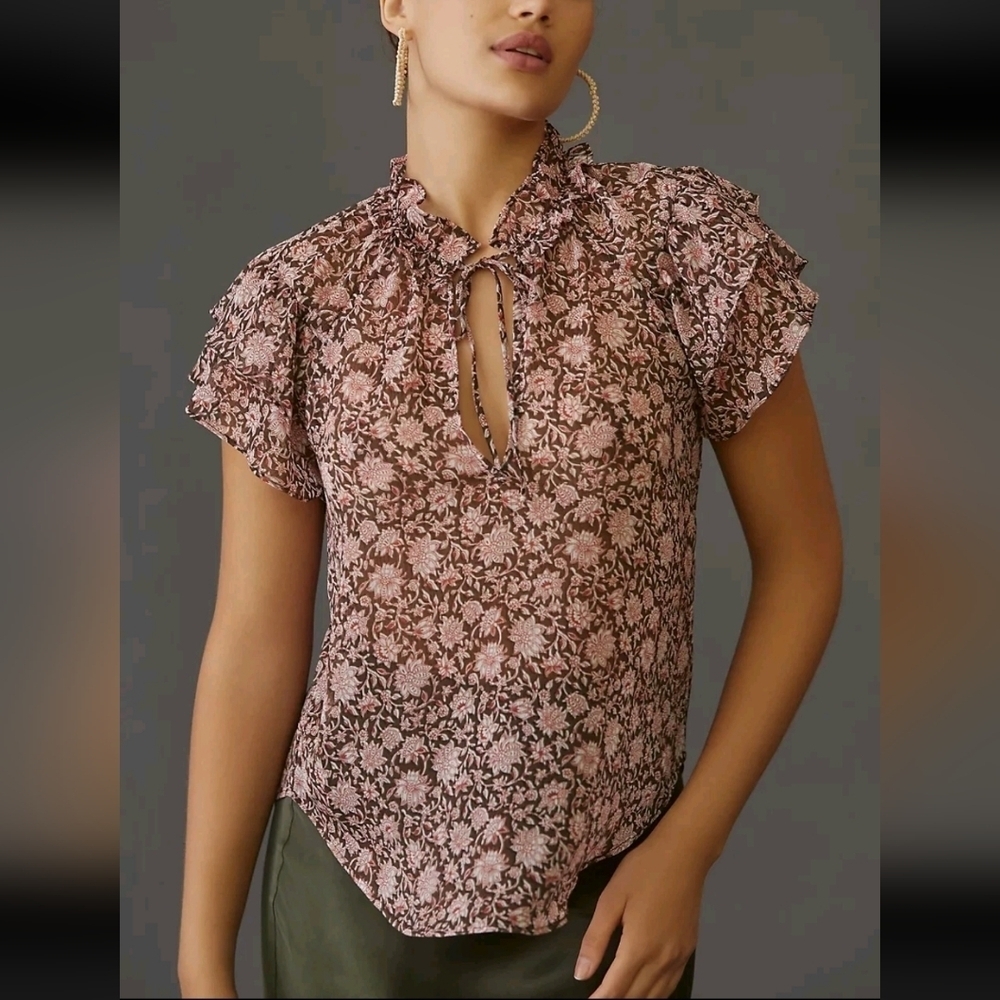 Anthropologie V-Neck Flutter-Sleeve Blouse size XL